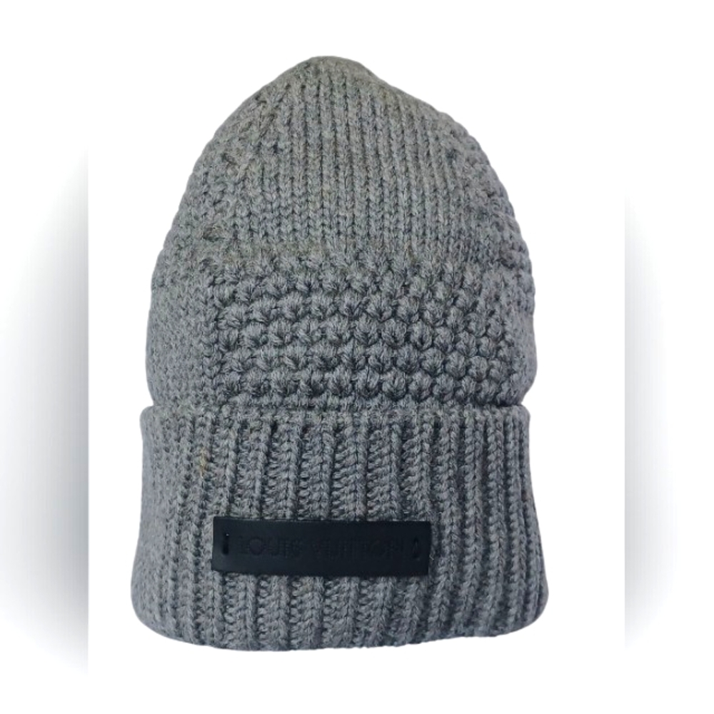 Authentic Louis Vuitton Gray Knit Hat with Ribbed Brim